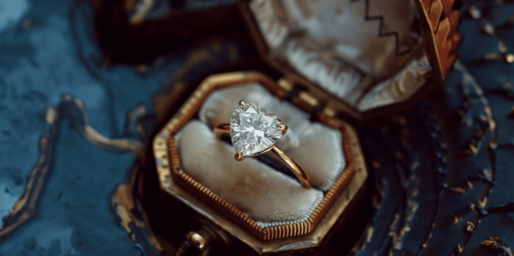 Photo showcasing heart-shaped diamond ring with gold band in vintage jewelry box