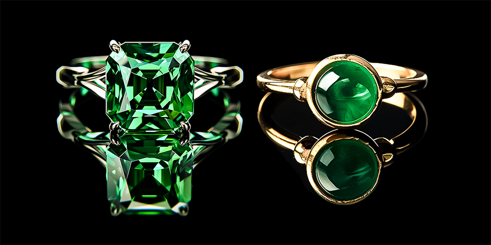 May Birthstone Emerald and Agate Fine Jewelry Rings Displayed and Reflected on Black Background