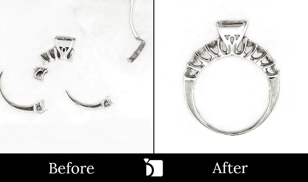 Before & After #91 Shattered 14K White Gold Diamond Ring Restored with extreme Premier Ring Repair Services