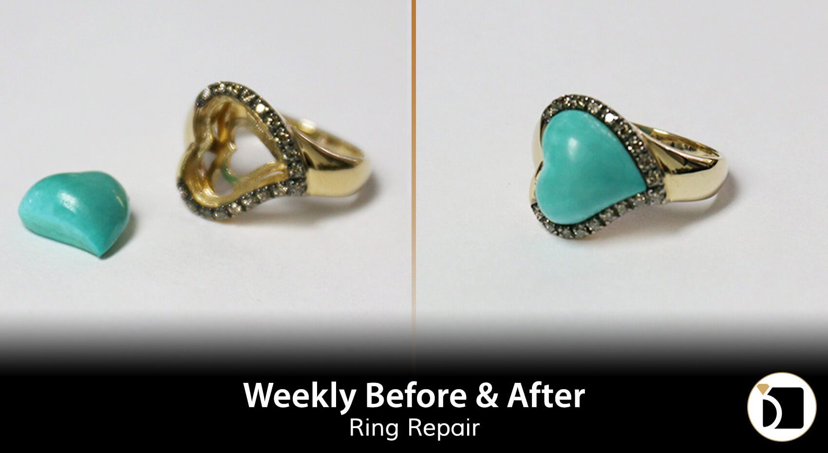 Image Showcasing a Ring With It's Heart Shaped Stone Fallen Out. Weekly Before After 95