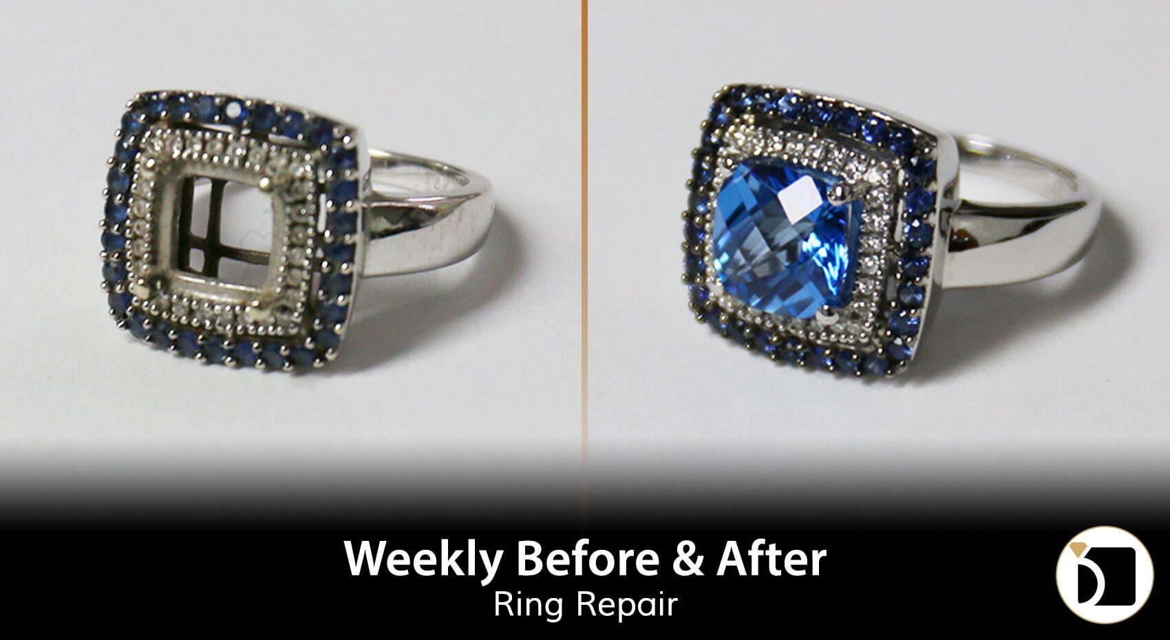 Weekly Before & After #96 Image Showcasing a Ring With A Sapphire Fallen Out. Weekly Before After 96