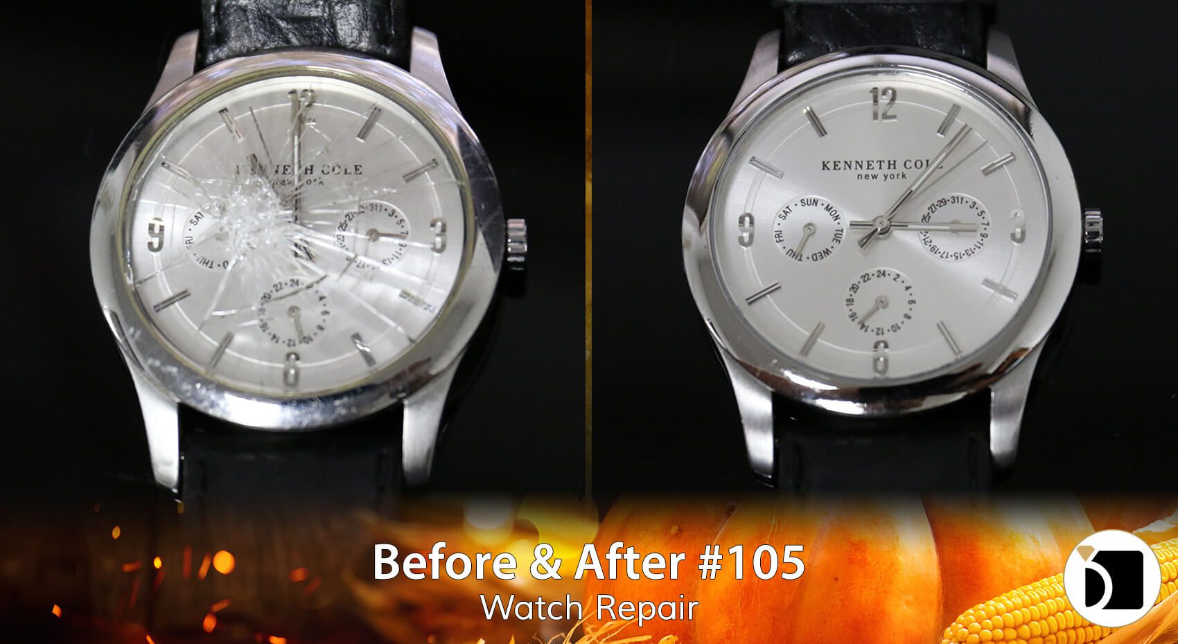Image Showcasing a Kenneth Cole Watch Crystal Replacement Model Number S301-05 Case Number KC1349. Before After 105