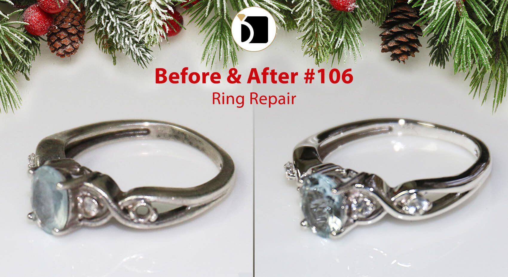 Image Showcasing an Aquamarine Ring Repair. Before After 106