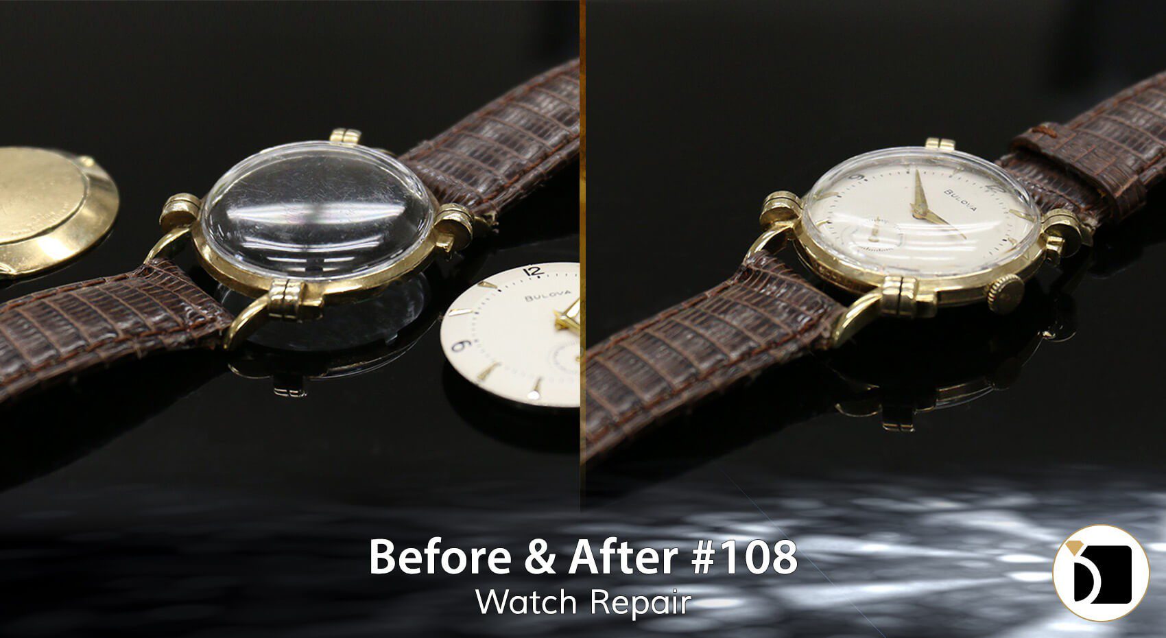 Before & After #108 Image Showcasing a bulova watch repair Case Number 4542310. Before After 108
