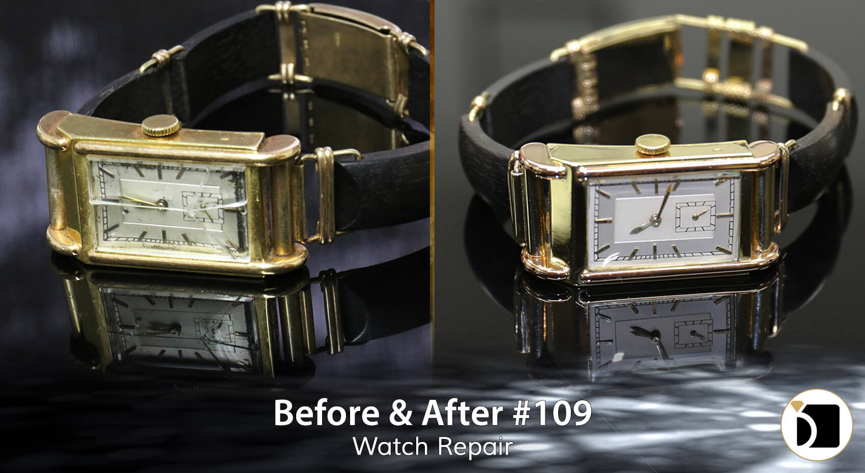 Image Showcasing a Vintage Jules Jurgensen 19 Jewel watch repair. Before After 109
