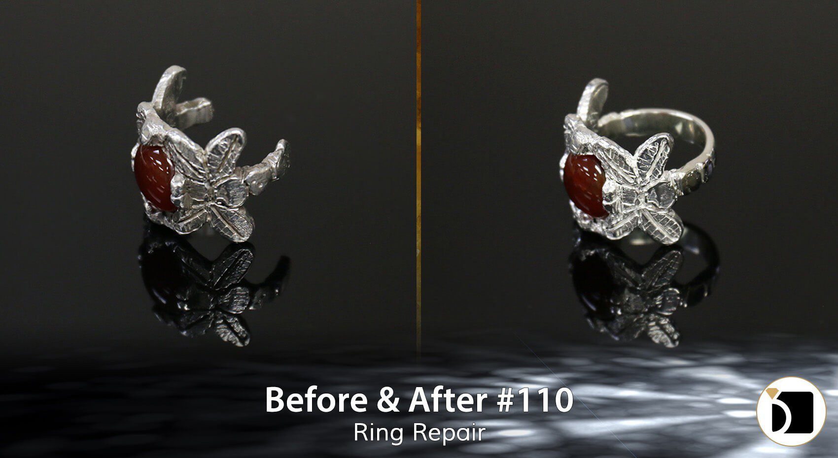 Image Showcasing a silver shank ring repair. Before After 110