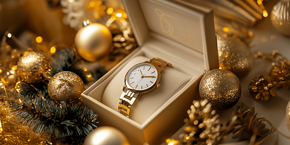 Restored Gold Watch Timepiece in Gift Box with My Jewelry Repair Logo Surrounded by Decorations