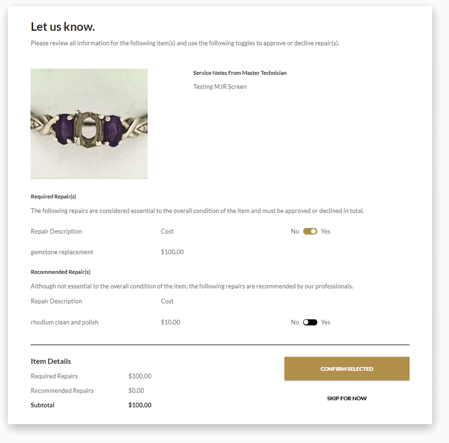 Image showcasing how it works to utilize the jewelry repair estimate approval after shipping the item in