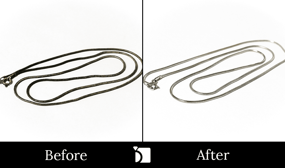 Image Showing Before and After of a Silver Chain Necklace Clean and Polish