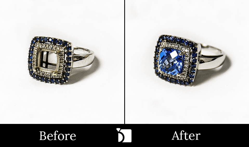 Image showcasing before and after of a gold ring that needed an emerald replacement