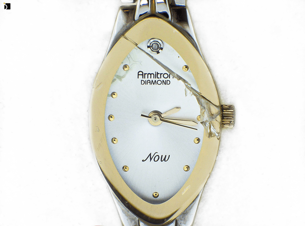 Image Showcasing an Armitron Timepiece Before It Gets Refurbished and a Watch Crystal Replacement