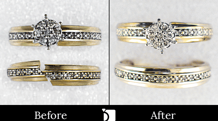 Image showing the Before & After #125 of a Broken Gold Ring Part of a Set Getting Restored Through Soldering and Stone Resetting