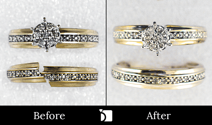 Image showing the Before & After #125 of a Broken Gold Ring Part of a Set Getting Restored Through Soldering and Stone Resetting