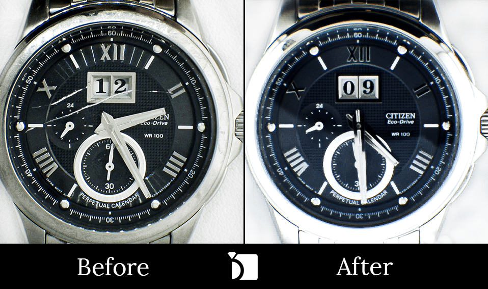 Image Showcasing Before & After #1 of a Citizen Watch Timepiece Getting Watch Crystal Replacement Through Premier Watch Repair Services by My Jewelry Repair Certified Watchmakers
