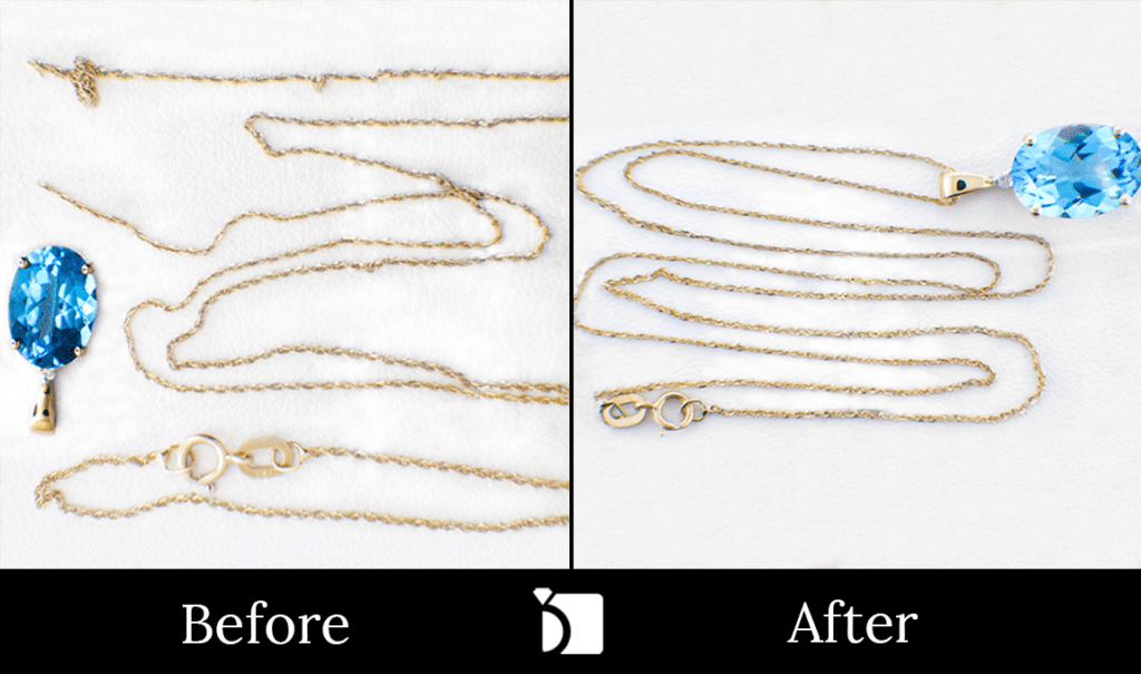 Image Showcasing Before & After #1 of a Gold Chain Necklace with Blue Pendant Gemstone Getting Necklace Restoration Through Premier Necklace Repair Services by My Jewelry Repair Master Jewelers and Certified Craftsmen