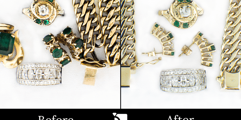 Image Showcasing Before & After #10 of a Gold, Emerald, and Diamond Jewelry Set Getting Premier Restoration Services by Master Jewelers