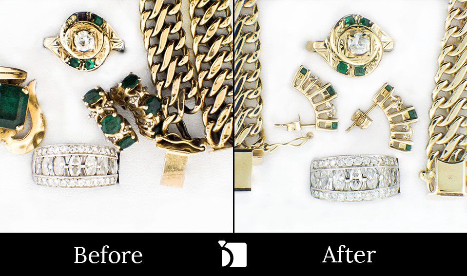 Image Showcasing Before & After #10 of a Gold, Emerald, and Diamond Jewelry Set Getting Premier Restoration Services by Master Jewelers