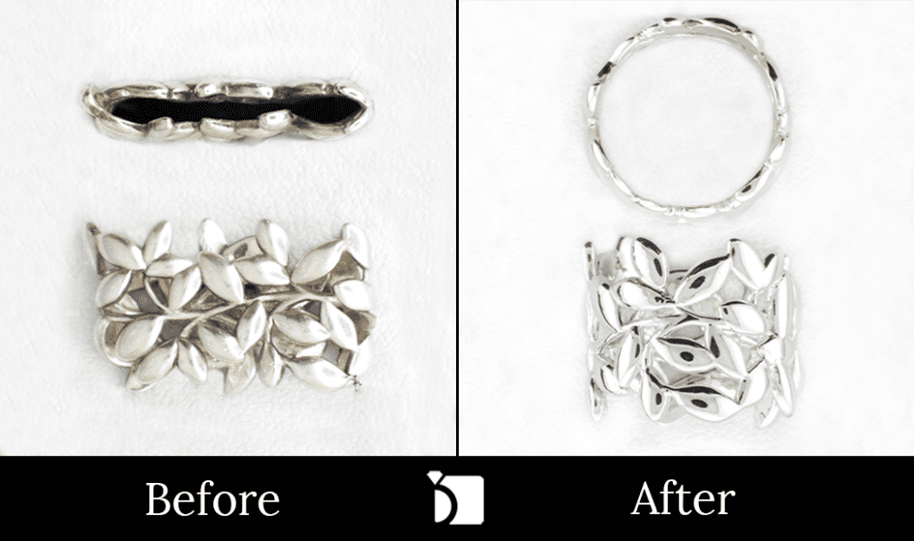 Image Showcasing Before & After #11 of a Silver Floral Designed Ring Getting Extreme Restoration Services by Master Jewelers