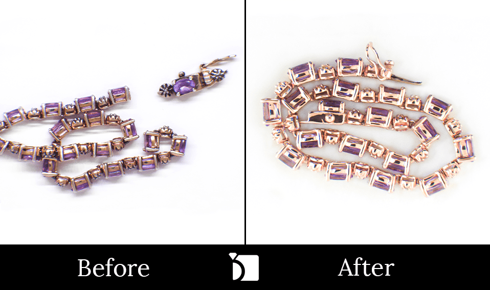 Image Showcasing Before & After #126 of a purple amethyst rose gold plated tennis bracelet getting restored by My Jewelry Repair premier services