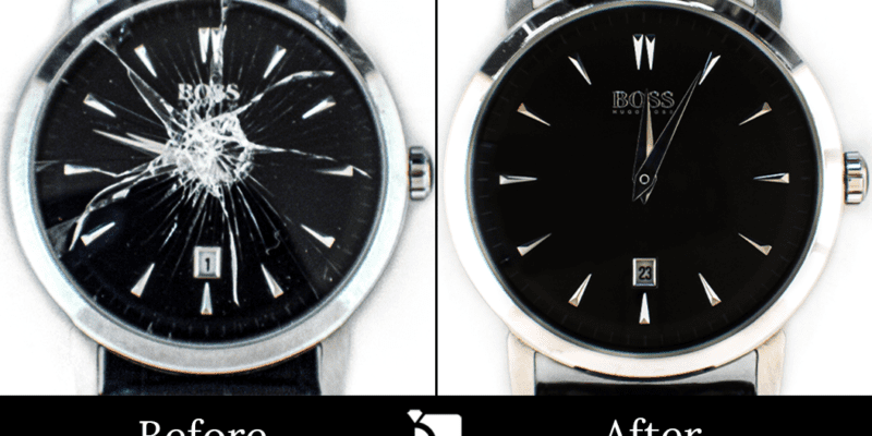 Image Showcasing Before & After #127 of a Hugo Boss Watch Getting a Watch Crystal Replacement by My Jewelry Repair Certified Watchmakers