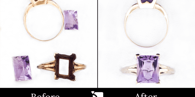 Image Showcasing Before & After #2 of a Gold Ring with Purple Gemstone Getting Extreme Transformation Through Premier Ring Repair Services and Gemstone Resetting by My Jewelry Repair Master Jewelers
