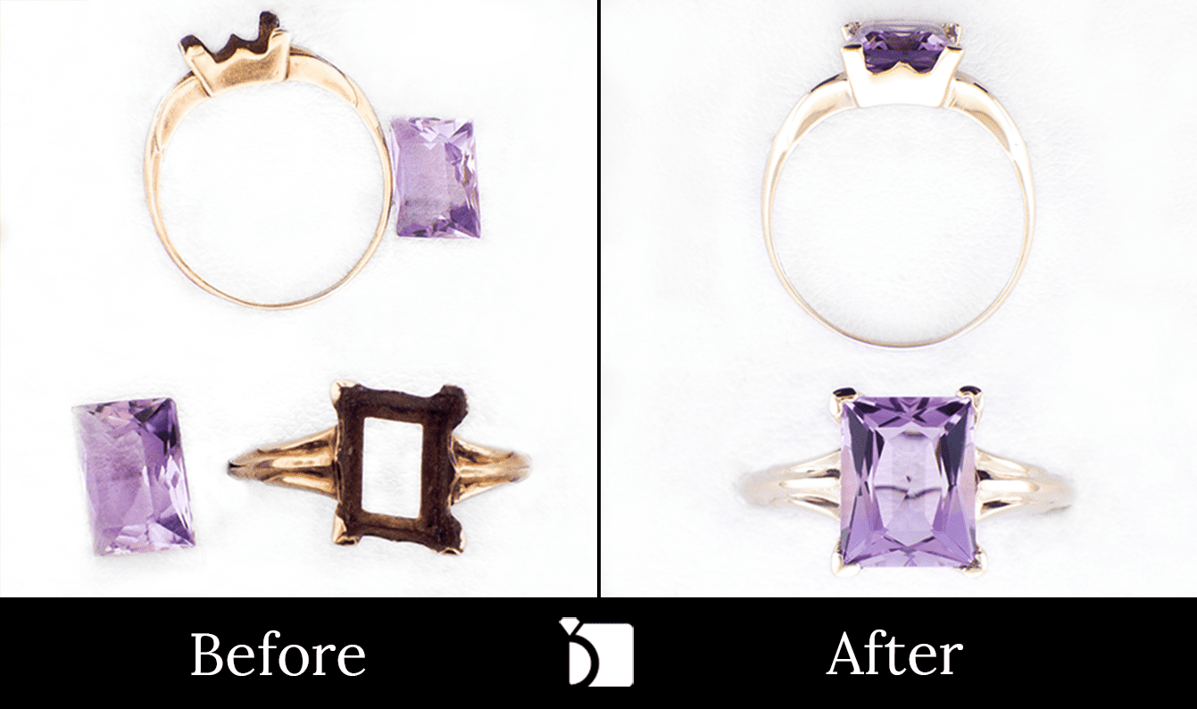 Image Showcasing Before & After #2 of a Gold Ring with Purple Gemstone Getting Extreme Transformation Through Premier Ring Repair Services and Gemstone Resetting by My Jewelry Repair Master Jewelers