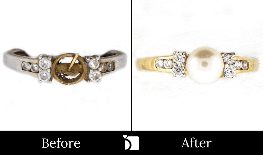 Image showing the Before & After #52 of a Pearl Ring Being Restored Through Pearl Gemstone Replacement and Premier Ring Services