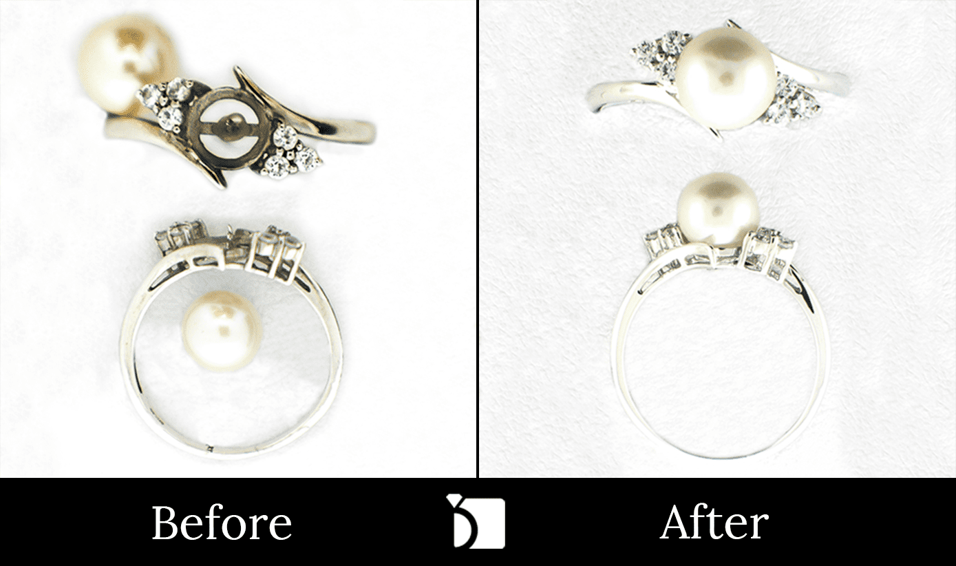 Image showing the Before & After #68 of a Pearl Ring Being Restored Through Pearl Gemstone Replacement and Premier Ring Services