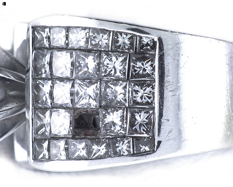 Image Showing Before #7 Close Up of Unique Diamond Ring Getting Premier Invisible Setting Services by Master Jewelers