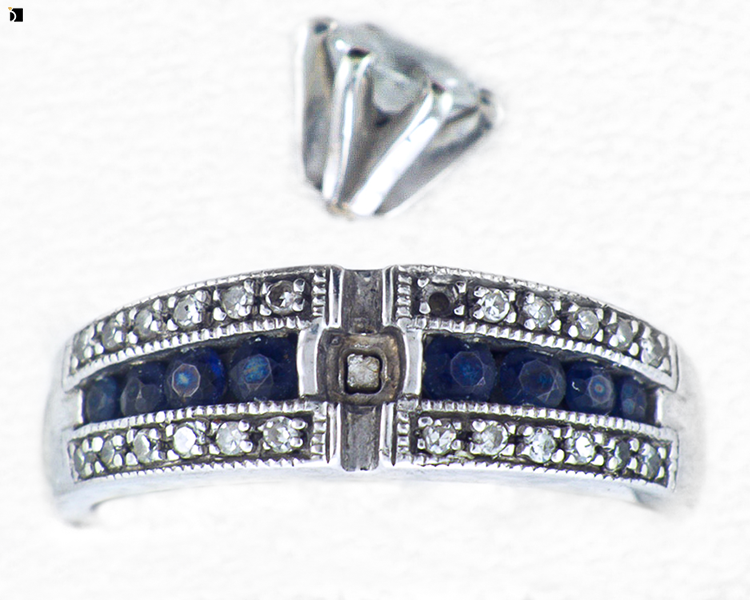 Image Showing Before #8 Top View of Sapphire and Diamond Ring Getting Premier Gemstone Replacement Services by Master Jewelers