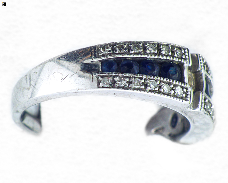 Image Showing Before #8 Left Side View of Sapphire and Diamond Ring Getting Premier Gemstone Replacement Services by Master Jewelers