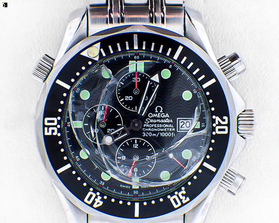 Image Showcasing Before #9 of an Omega Seamaster Watch Timepiece Getting Watch Crystal Replacement Services by Certified Watchmakers