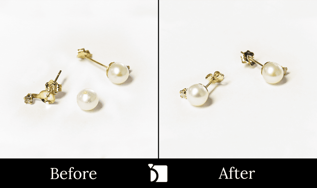 Image showing the Before & After #98 of a Pearl Gold Earrings Set Being Restored Through Pearl Gemstone Replacement and Premier Earrings Services