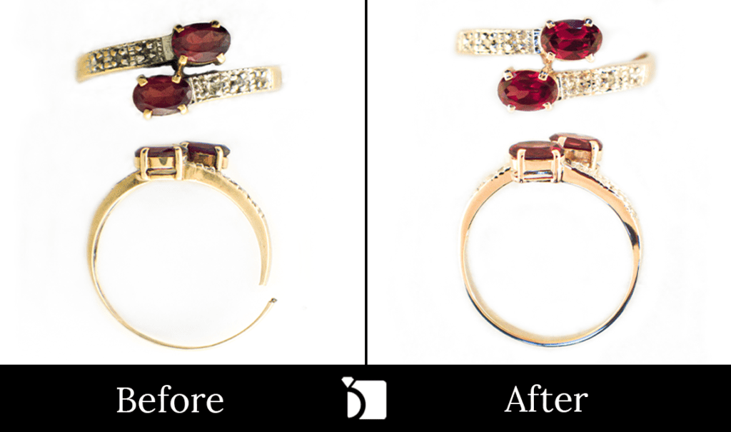 Image showcasing Before & After #128 of a Ruby and Diamond Ring Being Serviced and Restored by Master Jewelers