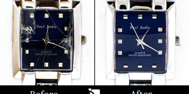Image showcasing Before & After #18 Paul Jardin Quartz Movement Watch Receiving Premier Watch Crystal Replacement