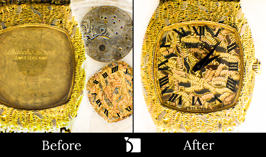 Before & After #115 of a Bueche Girod Watch with a Tri-Gold Woven Band Getting Serviced