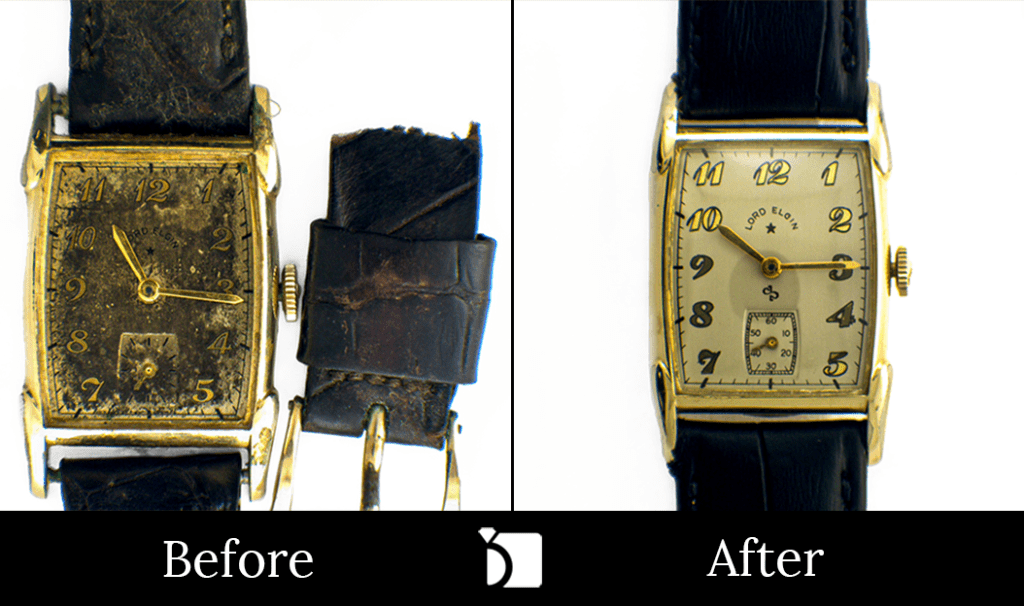 Before & After #117 of a Vintage Elgin Watch Receiving Premier Watch Restoration Services