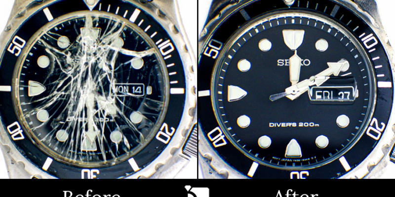 before & After #122 of a Seiko Watch Timepiece Receiving Watch Crystal and Quartz Movement Servicing