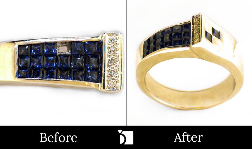 Before & After #118 Sapphire Ring Needing Professional Invisible Setting Services for Mystery Set Sapphire