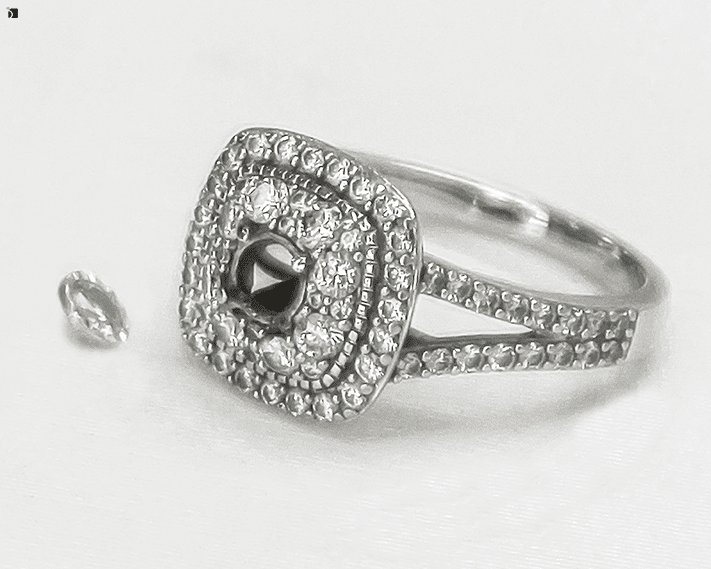 Before #132 Angled View of Diamond Halo Ring Needing Gemstone Resetting