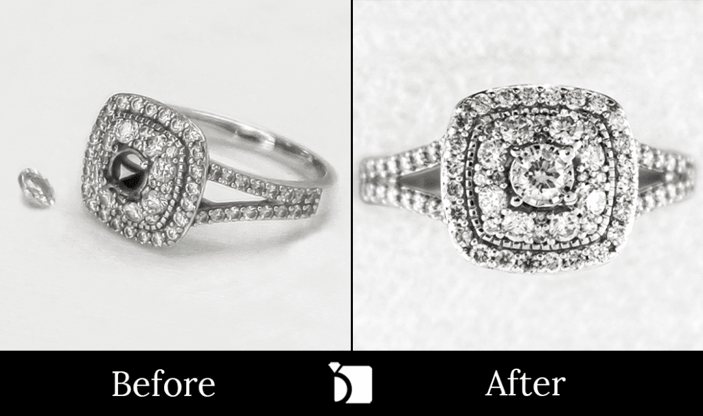 Before & After #132 of a Multi-Layer Square Halo Diamond Enagement Ring Receiving Premier Diamond Resetting Services
