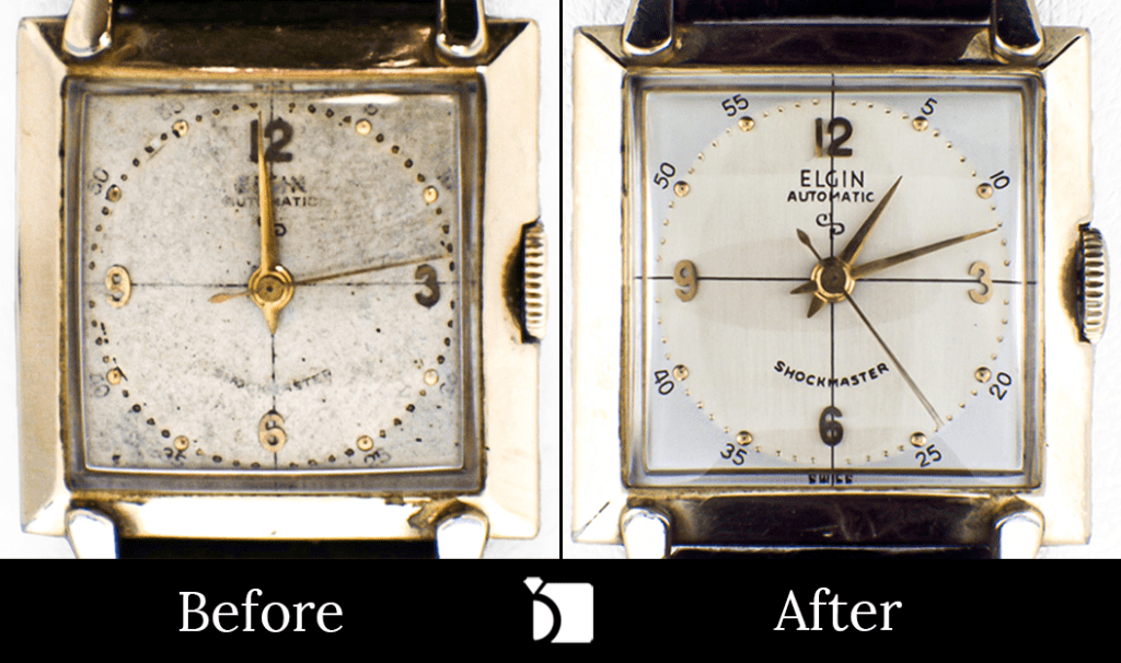 Before & After #37 of a Vintage Elgin Automatic Timepiece receiving Premier Vintage Watch Restoration Services