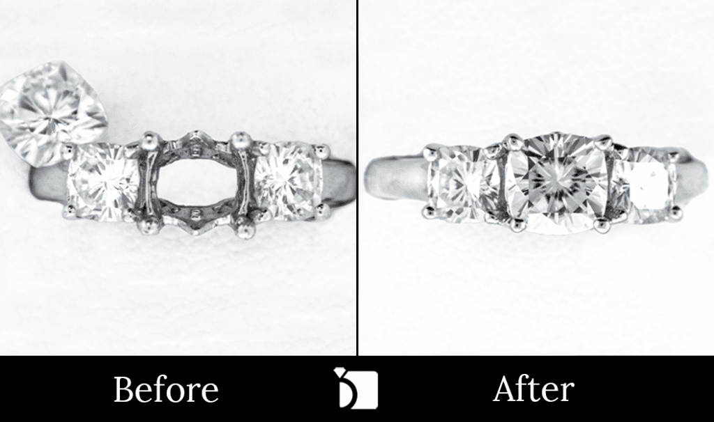 Before & After #38 of a Moissanite Ring getting Premier Moissanite Resetting Services