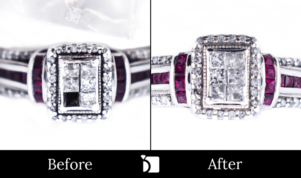 Before & After #55 of a Ruby and Diamond Invisible Set Ring Receiving Invisible Setting Services