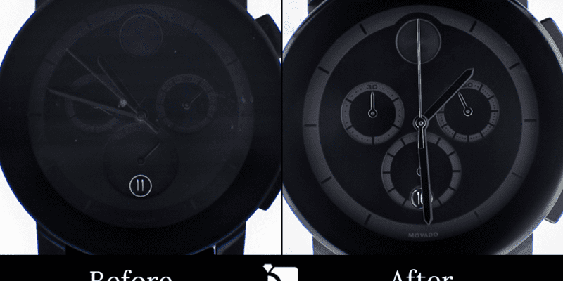 Before & After #85 Movado Watch with Chipped Crystal Receiving Premier Crystal Replacement Services