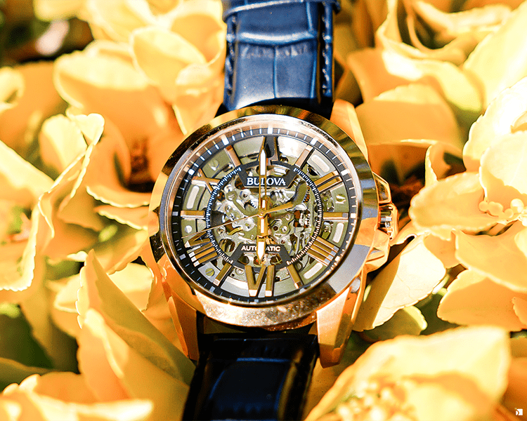 Restored Skeleton Watch Bulova Timepiece in Yellow Flowers