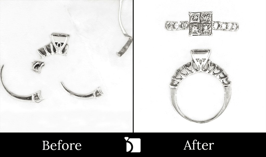 Before & After #91 Shattered 14K White Gold Diamond Ring Restored with extreme Premier Ring Repair Services