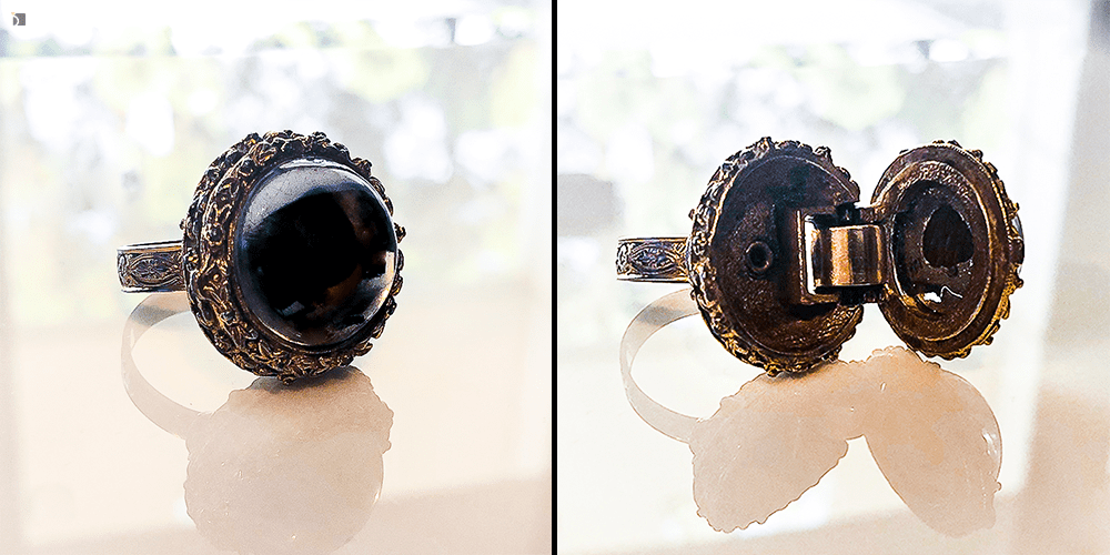 Black Widow Vintage Poison Ring Closed and Opened History Side by Side Closed and Opened