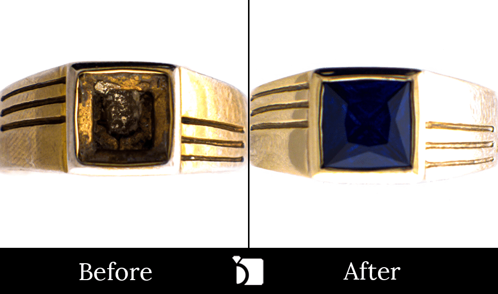 Before & After #120 Sapphire Gold Ring Heirloom Missing Its Center Stone Restored by Premier Gemstone Replacement Services
