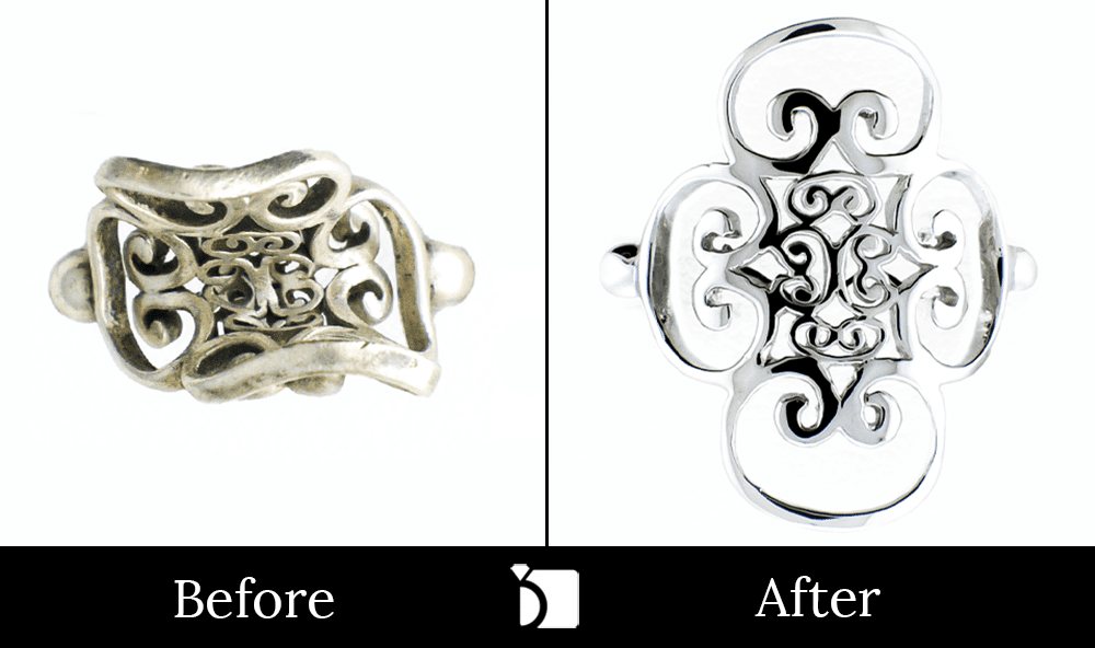 Before & After #48 Badly Misshapen Sterling Silver Ring Receiving Premier Ring Restoration Services
